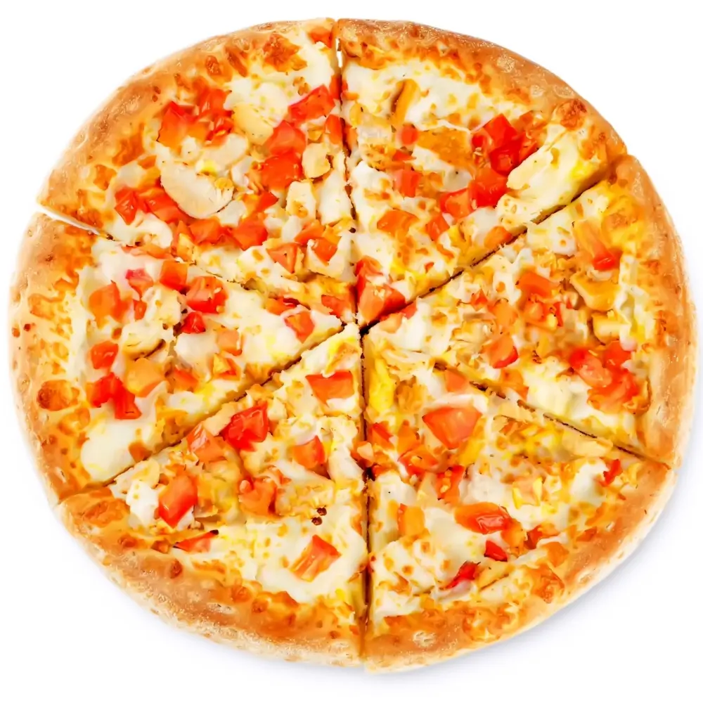 Fusion-Curry-Pizza-Pizza-Restaurant-Chicken-Tomato-Pizza-Portland Pizza with chicken, tomatoes and melted cheese at Fusion Curry Pizza, a Pizza Restaurant in Portland