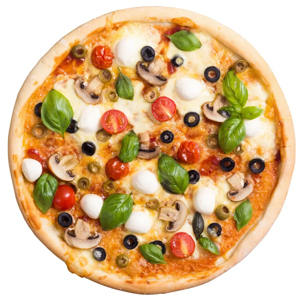 Fusion-Curry-Pizza-Pizza-Restaurant-Mediterranean-Pizza-Portland Pizza with mozzarella, tomatoes, olives, mushrooms and basil at Fusion Curry Pizza, a Pizza Restaurant in Portland