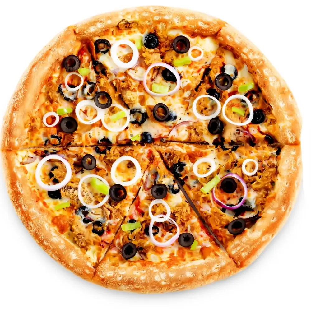 Fusion-Curry-Pizza-Pizza-Restaurant-Onion-Olive-Pizza-Portland Pizza with onions, olives and melted cheese at Fusion Curry Pizza, a Pizza Restaurant in Portland