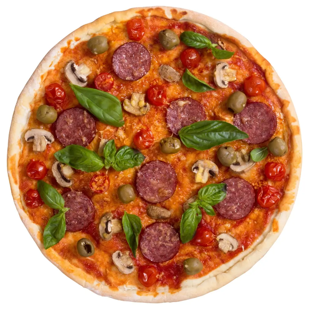 Fusion-Curry-Pizza-Pizza-Restaurant-Pepperoni-Salami-Pizza-Portland Pizza with pepperoni, salami, tomatoes, olives, mushrooms and basil at Fusion Curry Pizza, a Pizza Restaurant in Portland