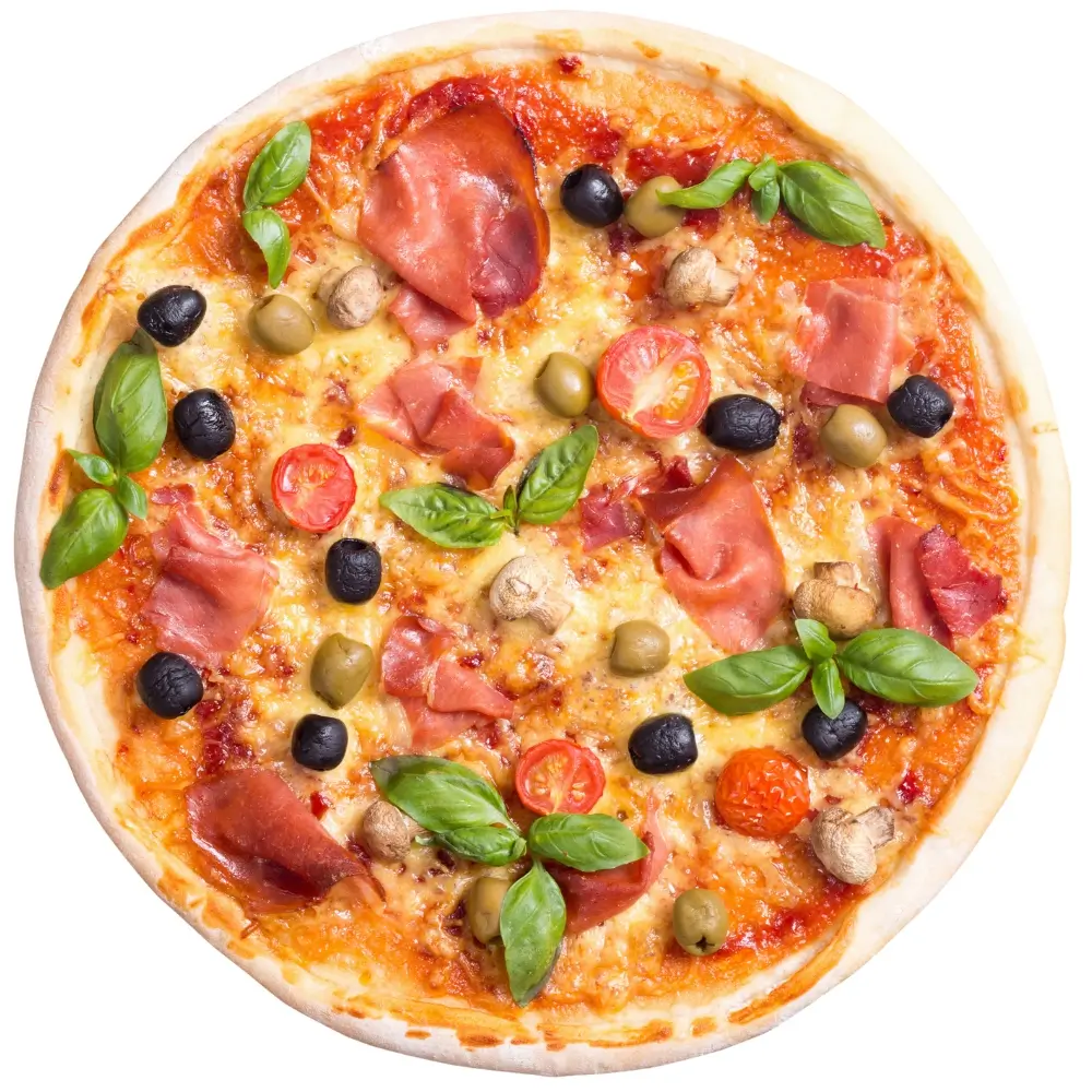 Fusion-Curry-Pizza-Pizza-Restaurant-Prosciutto-Pizza-Portland Pizza with prosciutto, tomatoes, olives, mushrooms and basil at Fusion Curry Pizza, a Pizza Restaurant in Portland