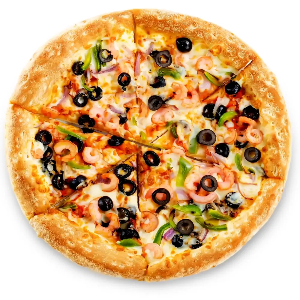 Fusion-Curry-Pizza-Pizza-Restaurant-Shrimp-Pepper-Pizza-Portland Pizza with shrimp, peppers, olives and melted cheese at Fusion Curry Pizza, a Pizza Restaurant in Portland